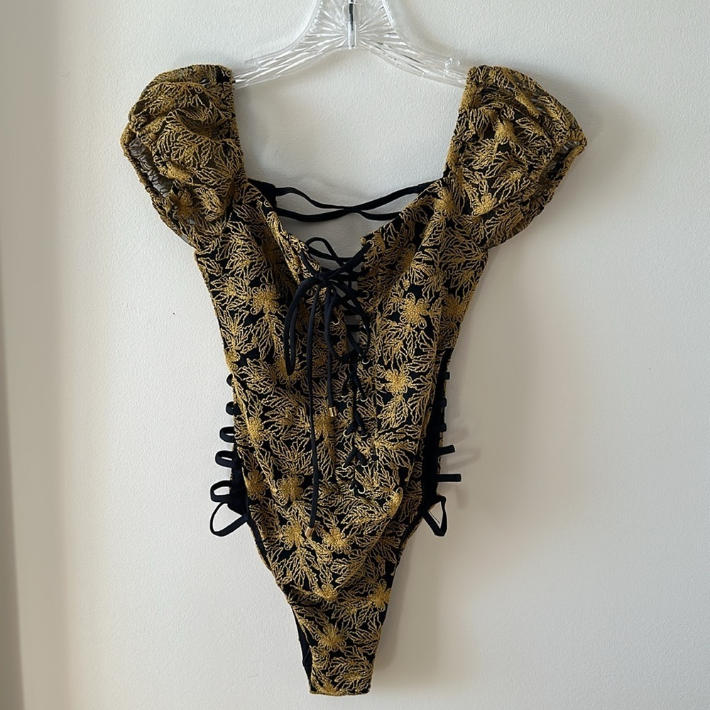 Blue Life Womens Swimsuit Small Zingara One Piece Black Golden Embroidered NWT